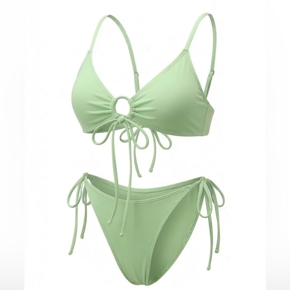 Light Green Ring-Front Tie Bikini Set - Women Swim